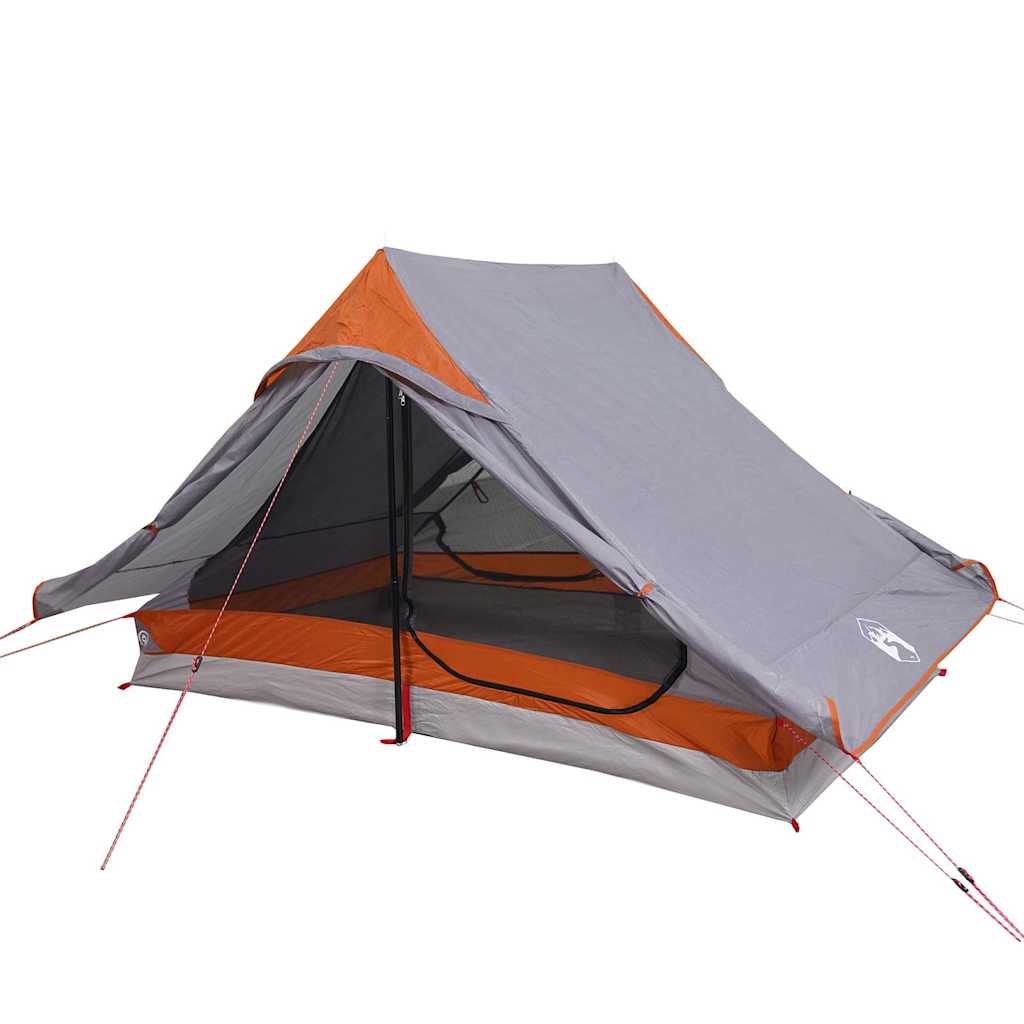 Detail van de vidaXL 2-persoons tent in grijs met oranje accenten en open ingang.
