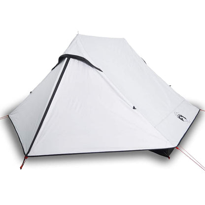 Zijaanzicht van de vidaXL 2-persoons tent in waterdicht wit met zwarte accenten.