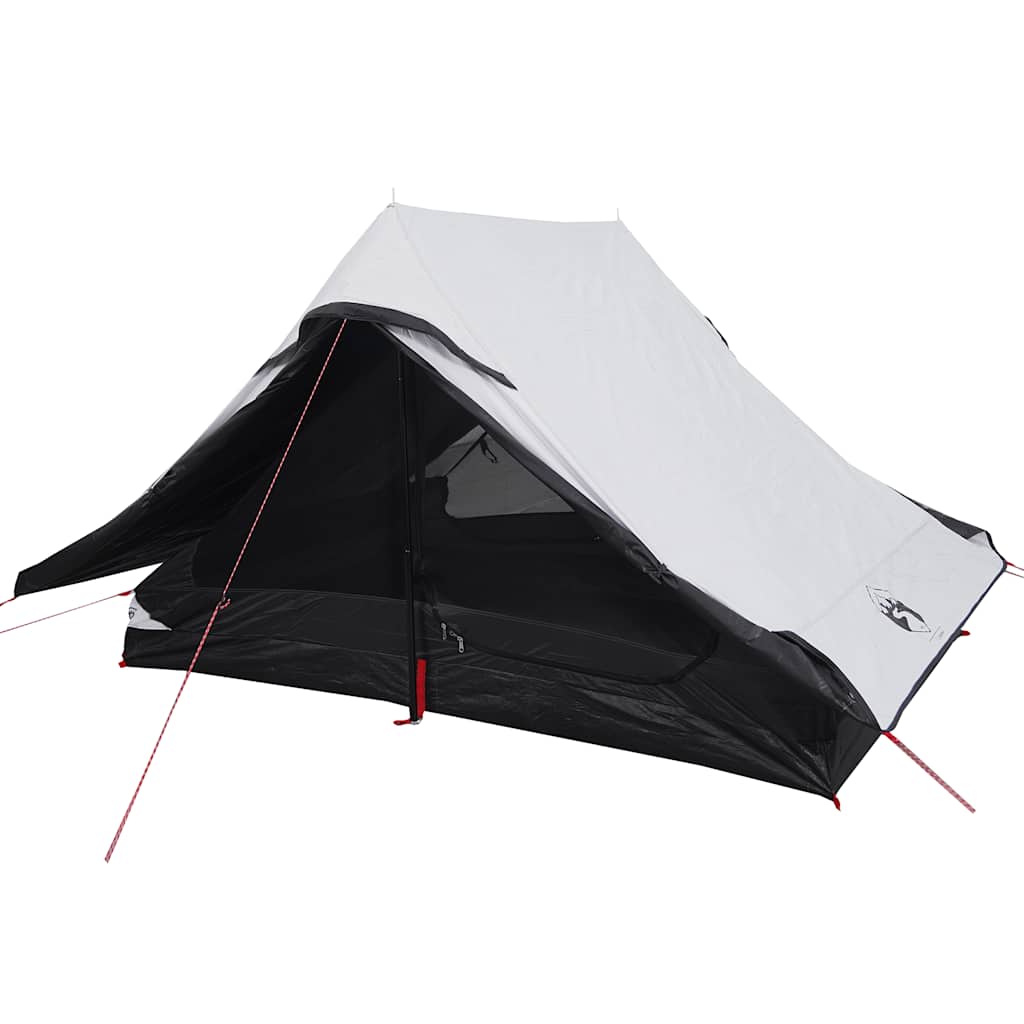 Zijaanzicht van de vidaXL 2-persoons tent met waterdicht wit doek en zwarte details.