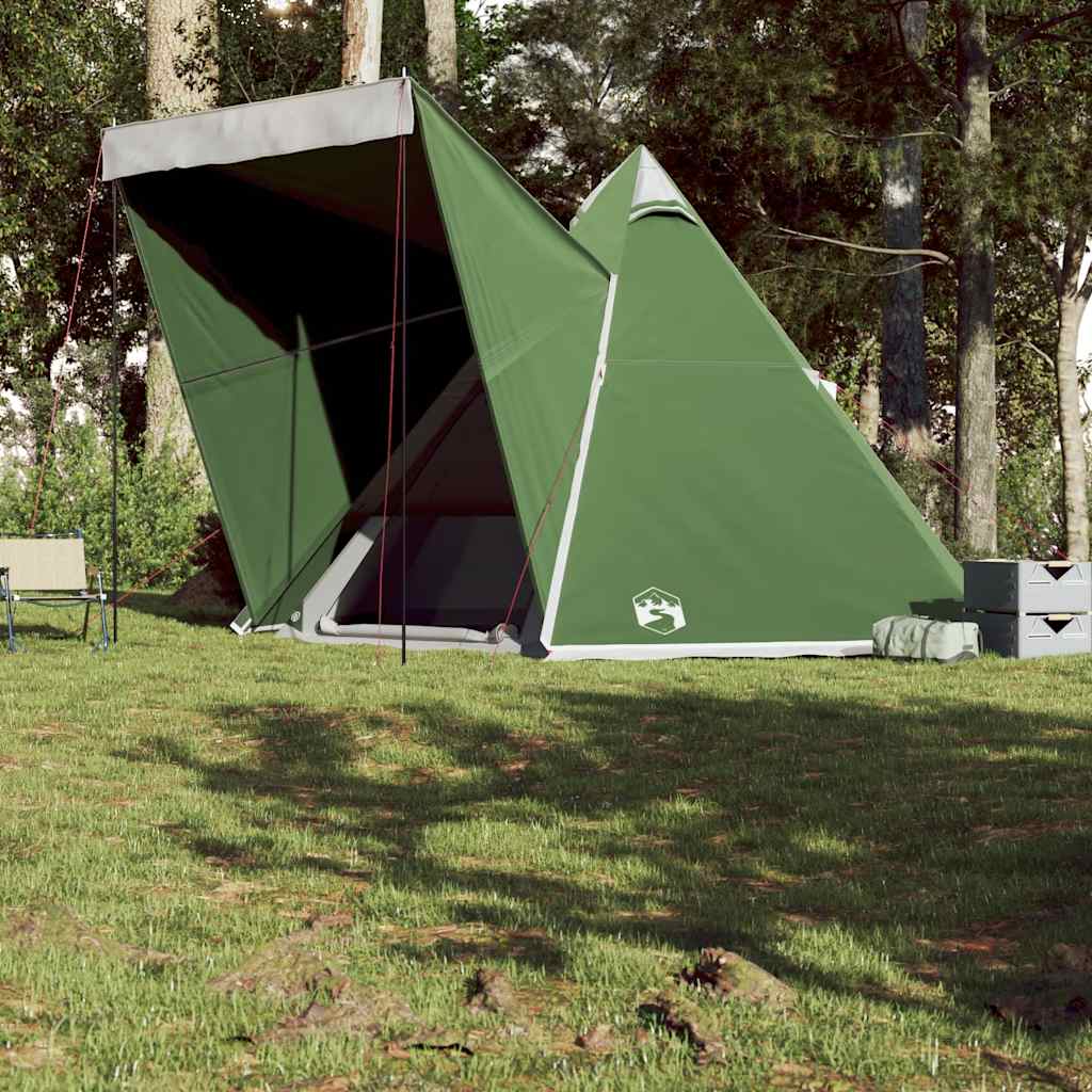 Detail van de vidaXL tipitent met open ritsdeur en schuin dak in groene kleur.