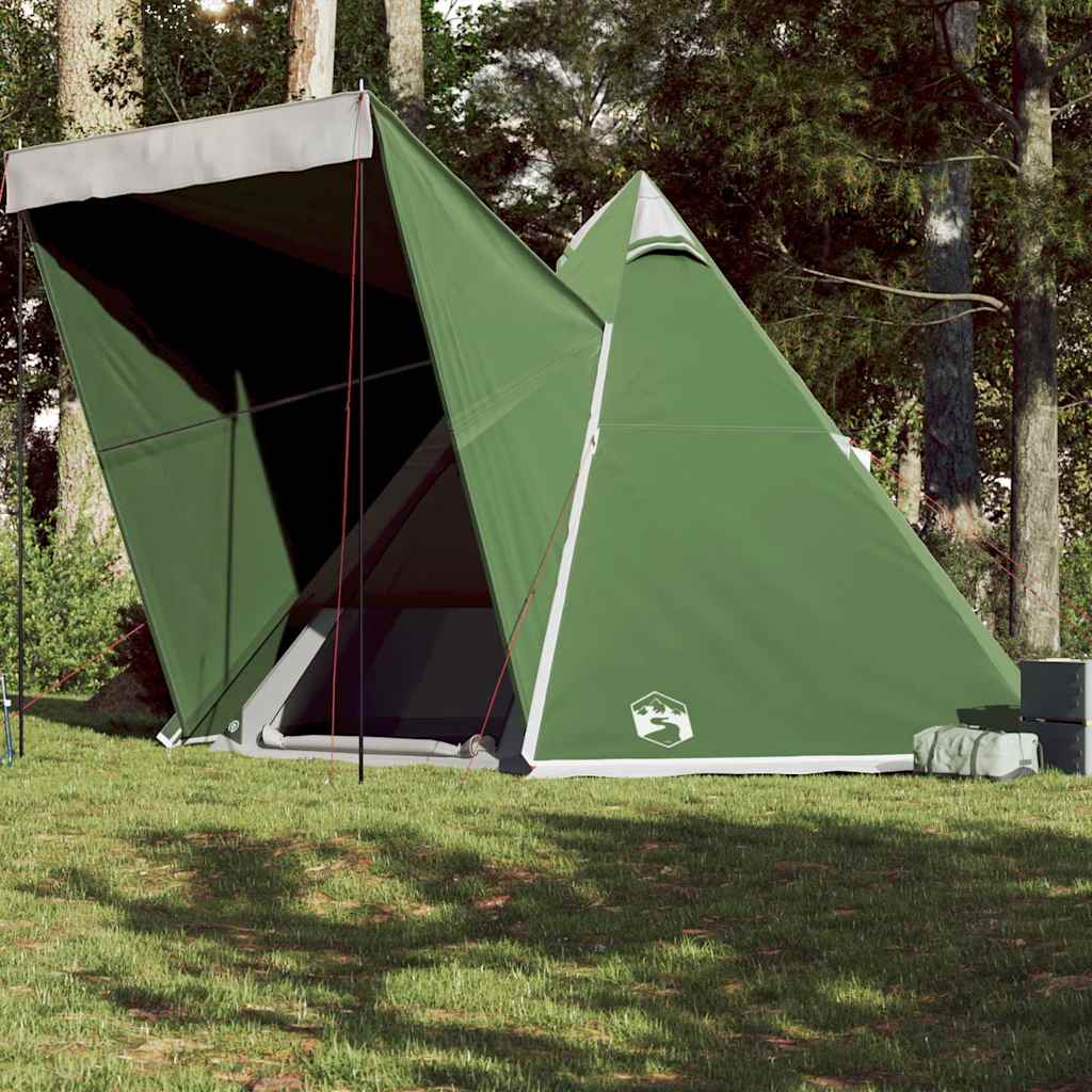 VidaXL 6-persoons tipitent in groen, met open ritsdeur en schuin dak voor optimale ventilatie.