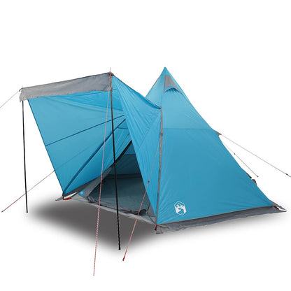 Detail van de vidaXL Tipitent in blauw met open ritsdeur en tentstokken.
