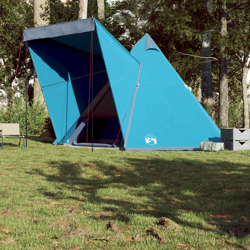 Zijaanzicht van de blauwe vidaXL Tipitent met opgerolde ritsdeur en tentklep.