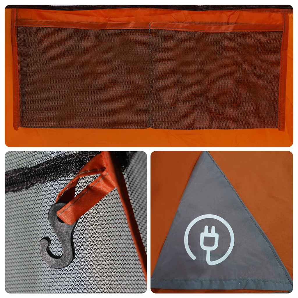Detail van de grijze en oranje binnenkant met ventilatierooster en haak voor lamp.