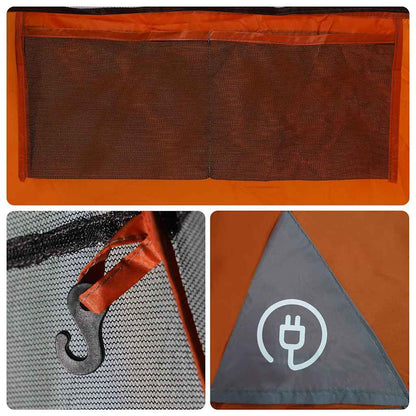 Detail van de grijze en oranje binnenkant met ventilatierooster en haak voor lamp.