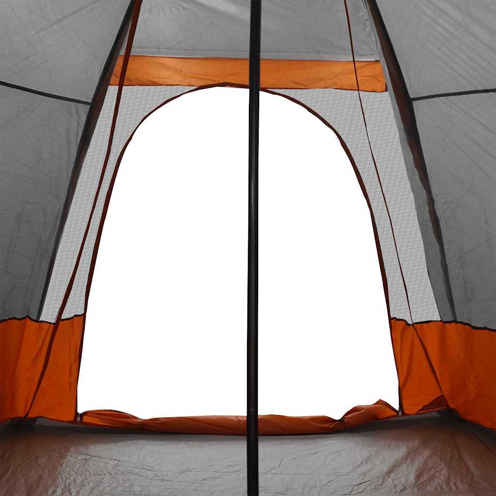 Detail van de ritsdeur van de vidaXL 6-persoons tipitent in grijs en oranje.