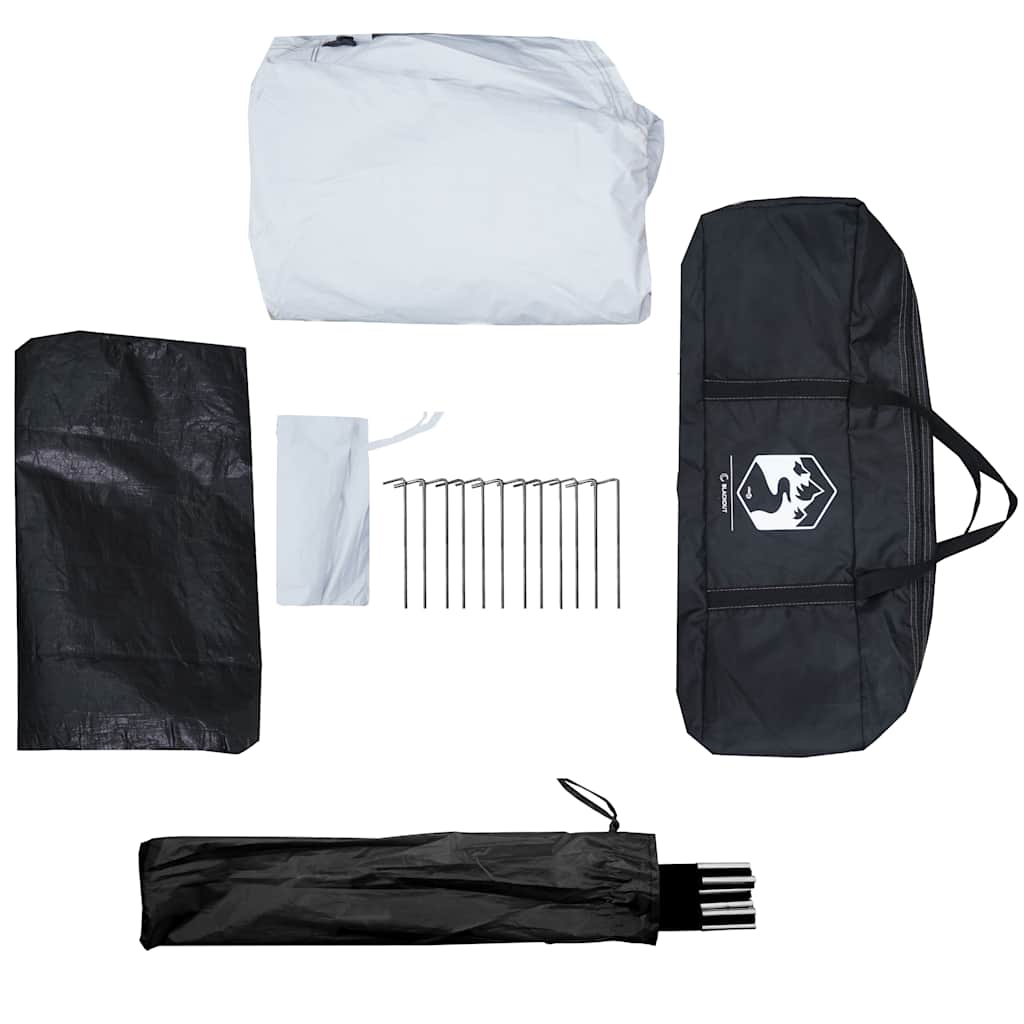 Detail van de vidaXL Tipitent met accessoires, waaronder haringen en een opbergtas.