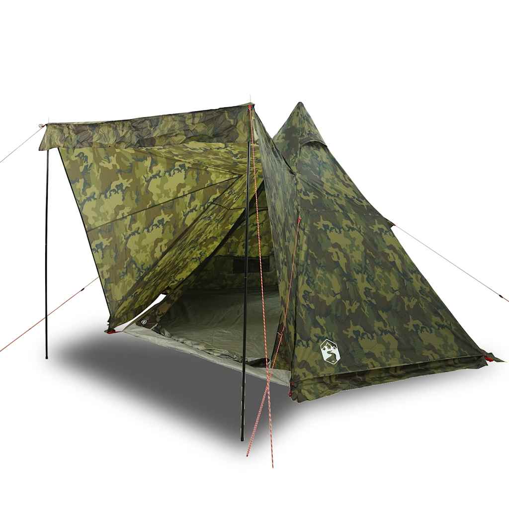Detail van de vidaXL camouflage tipitent met open ritsdeur en tentstokken.