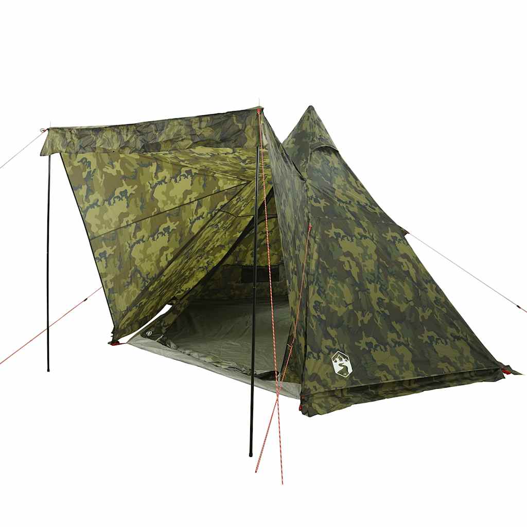 Zijaanzicht van de vidaXL 6-persoons camouflage tent met open ritsdeur.