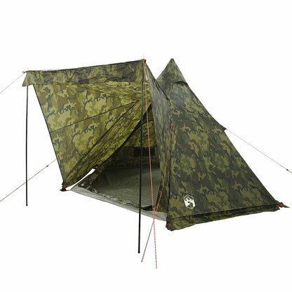 Zijaanzicht van de vidaXL 6-persoons camouflage tent met open ritsdeur.