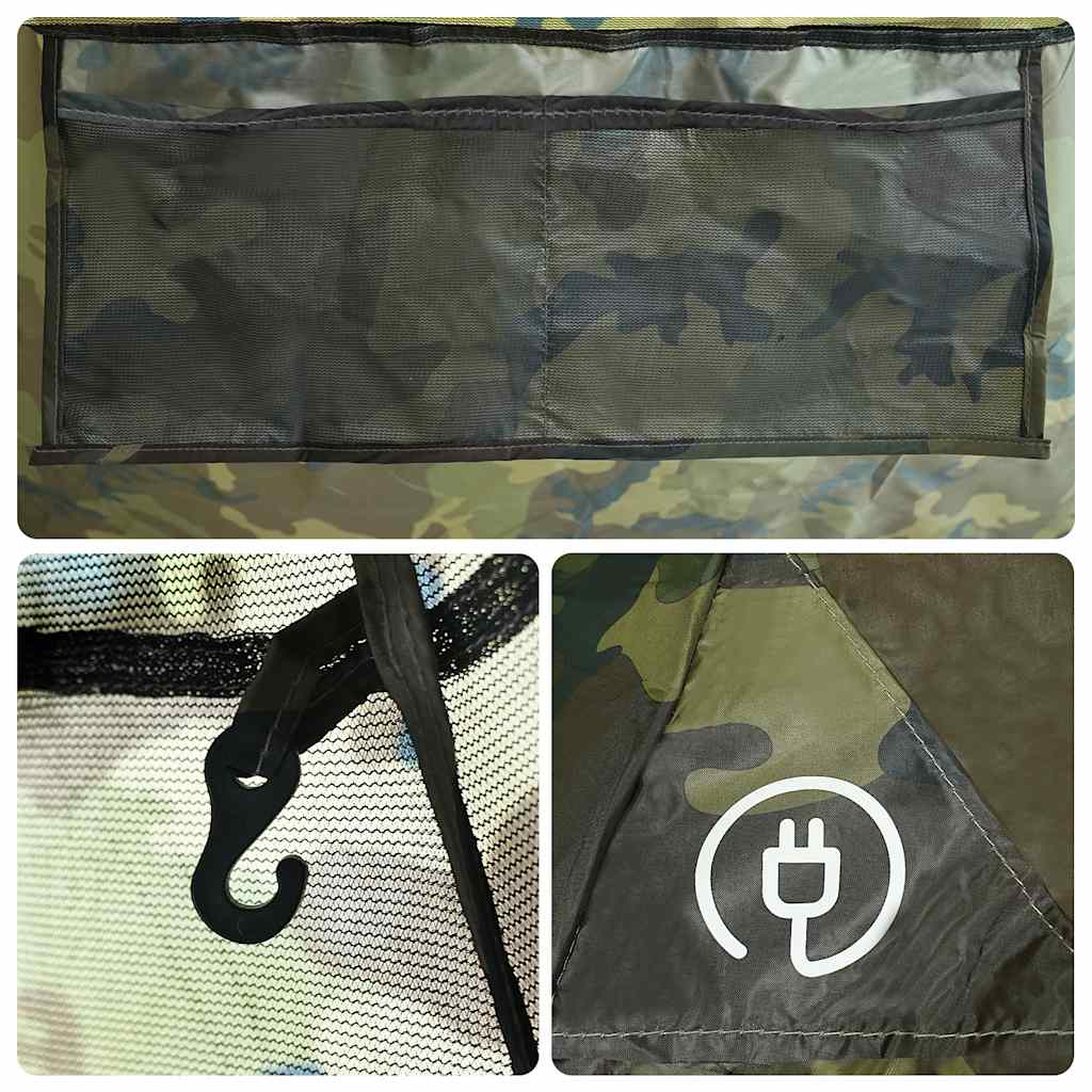 Detail van de camouflage binnenzijde van de vidaXL Tipitent met opbergvak en haak.