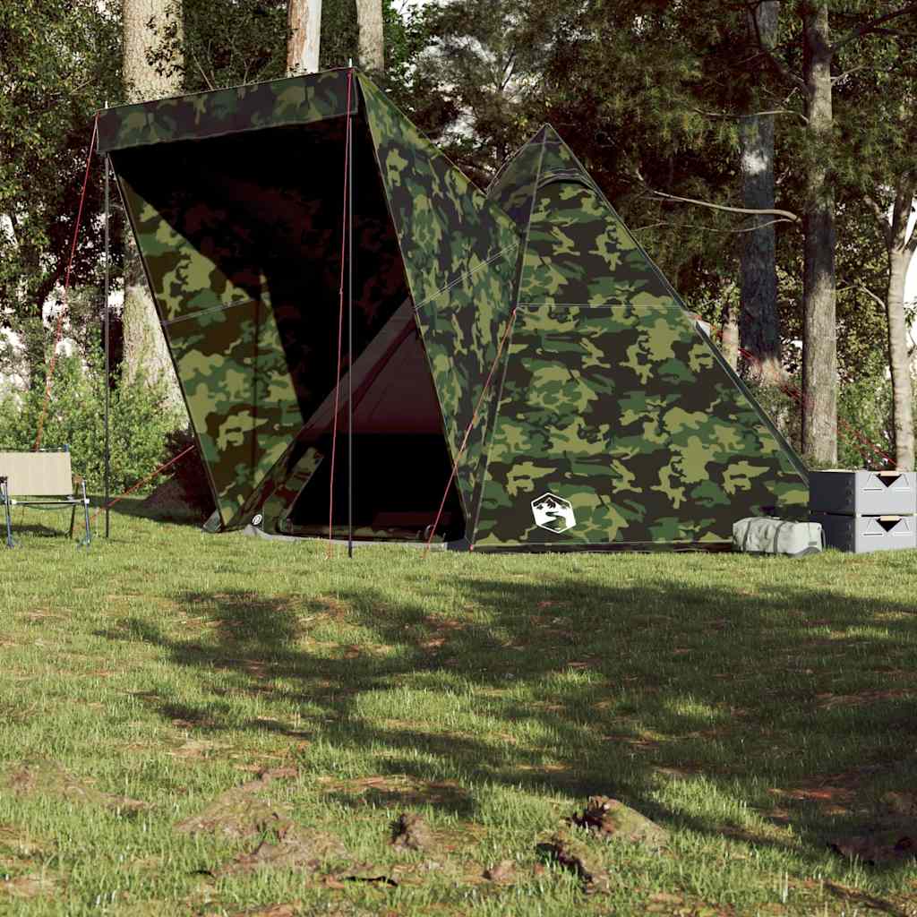 Zijaanzicht van de vidaXL camouflage tipitent met open ritsdeur in de natuur.