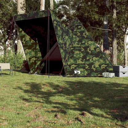Zijaanzicht van de vidaXL camouflage tipitent met open ritsdeur in de natuur.