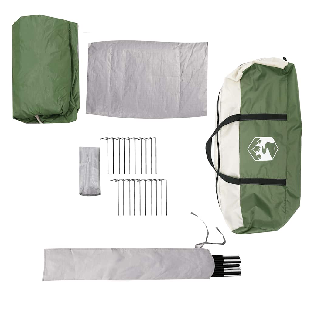 Detail van de vidaXL tipitent met stokken, haringen en opbergtas in groen en grijs.