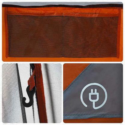 Detail van de grijze en oranje vidaXL Tipitent met ventilatierooster en haak voor verlichting.
