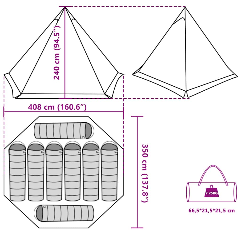 Technische tekening van de vidaXL tipitent met afmetingen en indeling voor 8 personen.
