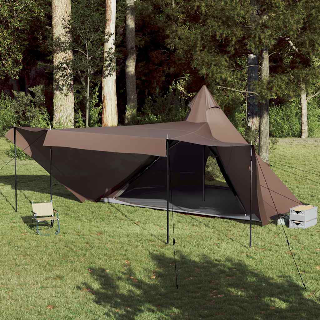 vidaXL Tipitent 8-persoons waterdicht bruin met luifel, opstelling in de natuur.