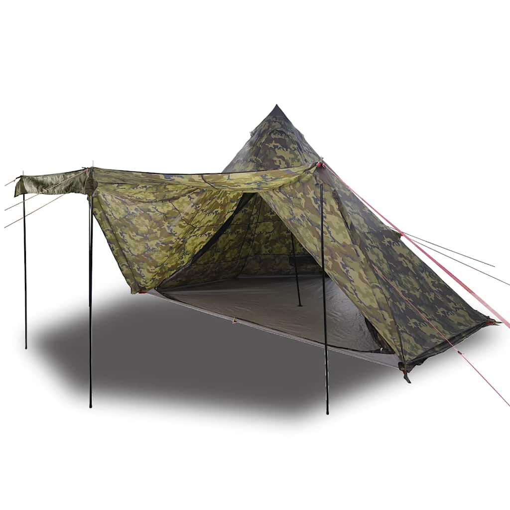 Detail van de vidaXL camouflage tipitent met open ingang en tentdoek.