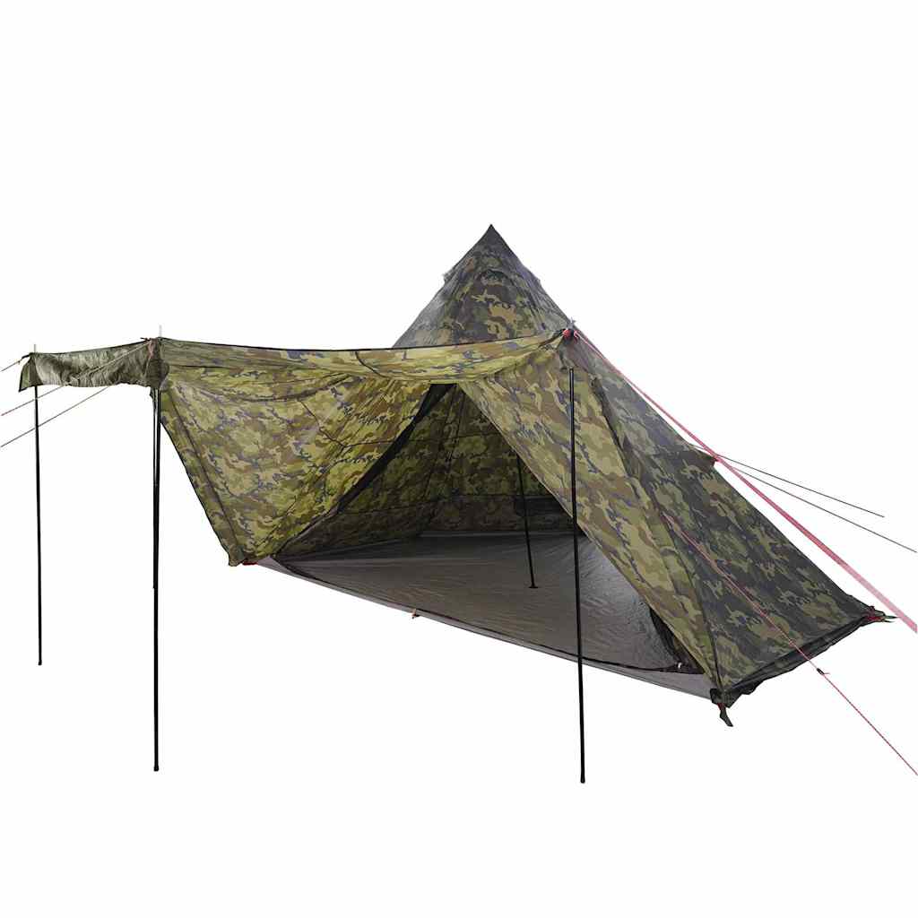 Zijaanzicht van de vidaXL camouflage tipitent met open luifel en waterdichte stof.