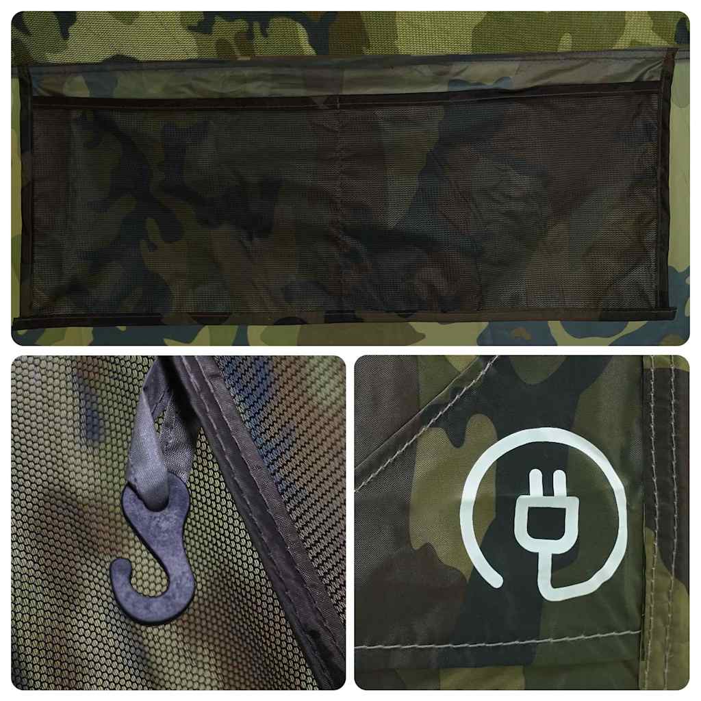 Detail van de camouflage tipitent met een ventilatierooster en bevestigingshaak.