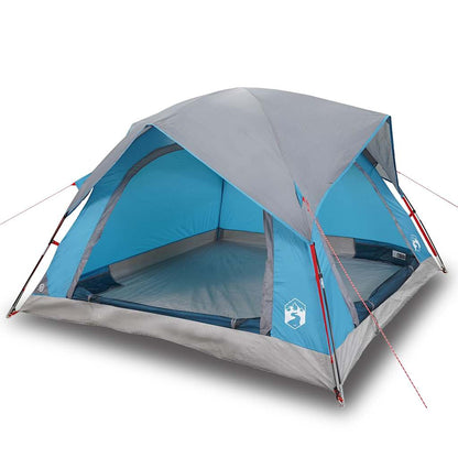 Detail van de vidaXL 4-persoons tent in blauw, met een open zijaanzicht en grijze bovenkant.