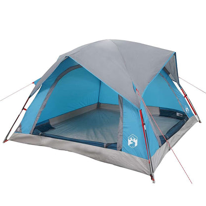 Detail van de vidaXL 4-persoons tent in blauw met grijze accenten en openstaande ingang.