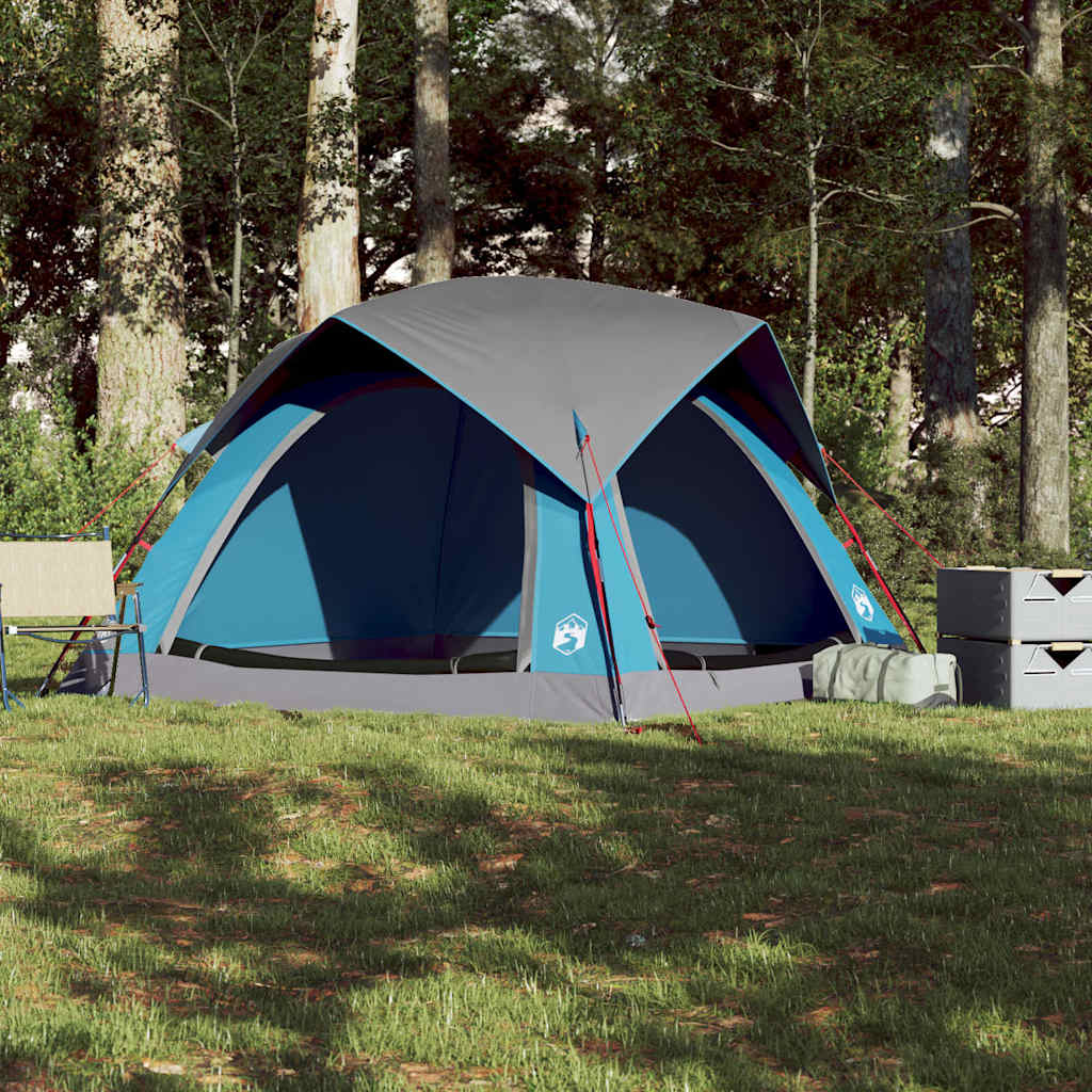 Detail van de vidaXL 4-persoons tent in blauw met grijs, zijaanzicht in de natuur.