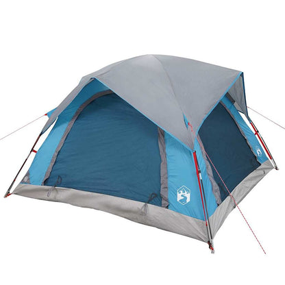 Zijaanzicht van de vidaXL 4-persoons tent in blauw, met waterdicht ontwerp en stevige stokken.