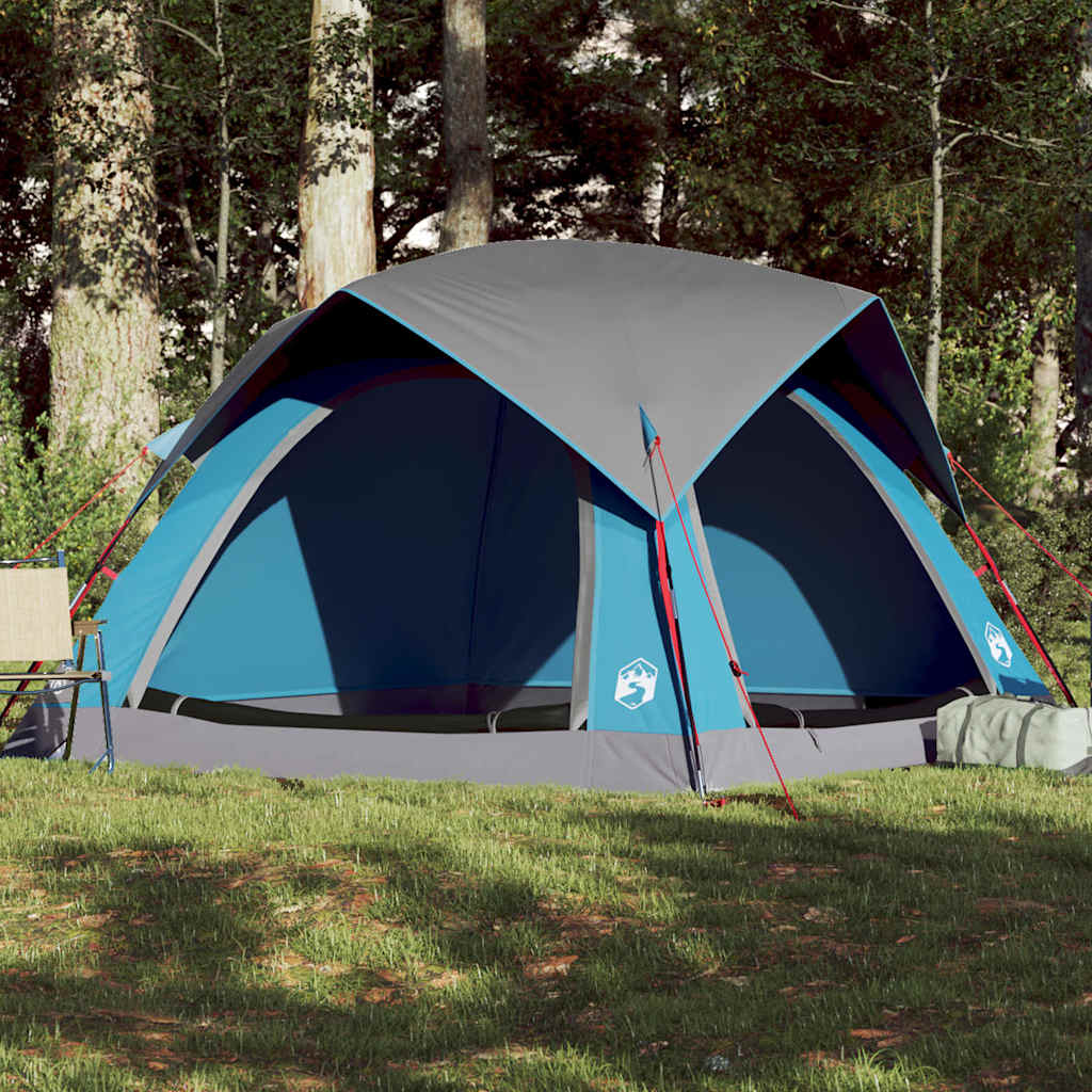 Blauwe vidaXL 4-persoons tent met waterdicht ontwerp, zijaanzicht in een groene omgeving.