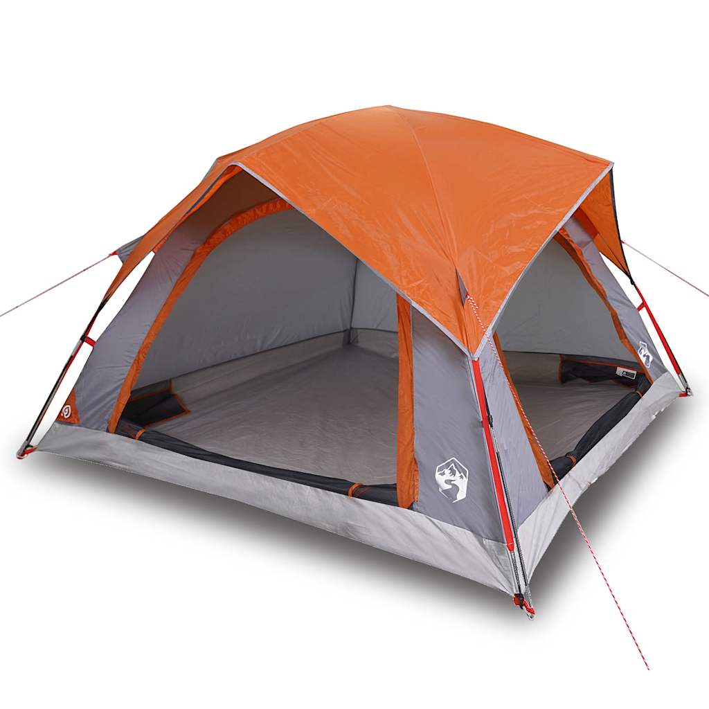 Detail van de vidaXL 4-persoons tent in grijs en oranje, met open ingang en ruime binnenruimte.