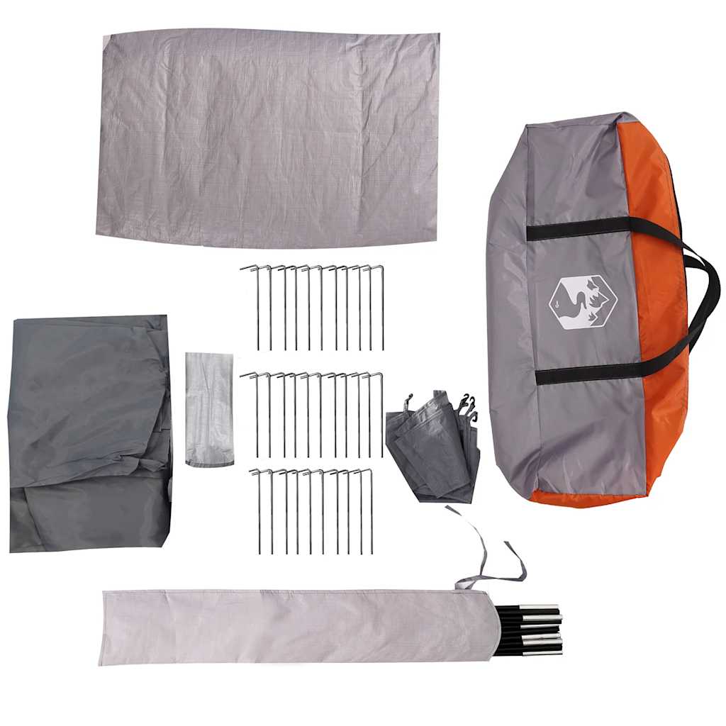 Detail van de tentonderdelen en accessoires in grijs en oranje, inclusief haringen en opbergzak.