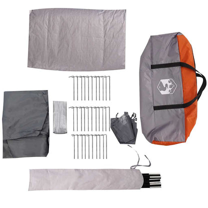 Detail van de tentonderdelen en accessoires in grijs en oranje, inclusief haringen en opbergzak.