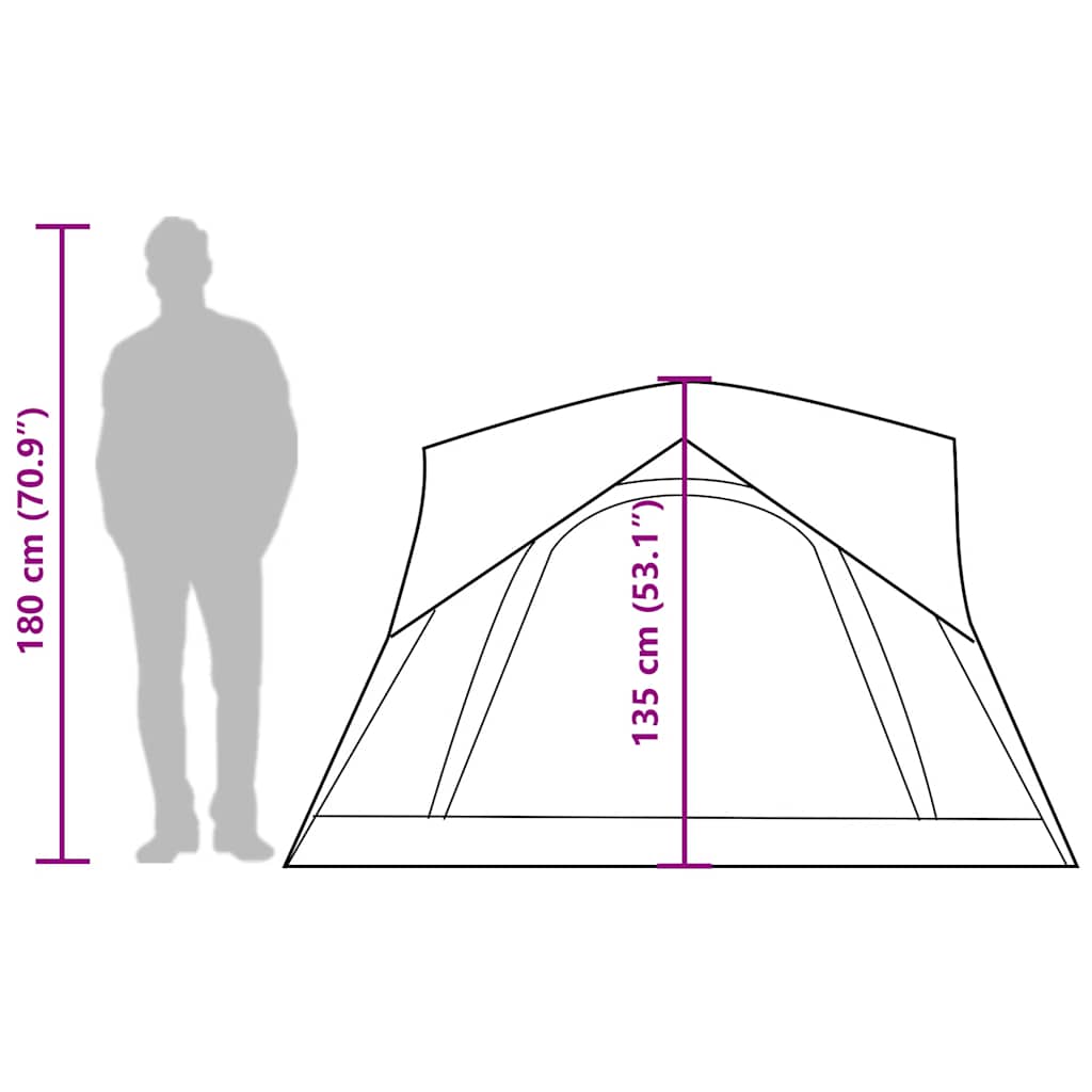 Zijaanzicht van de vidaXL tent met afmetingen en een persoon voor schaal.