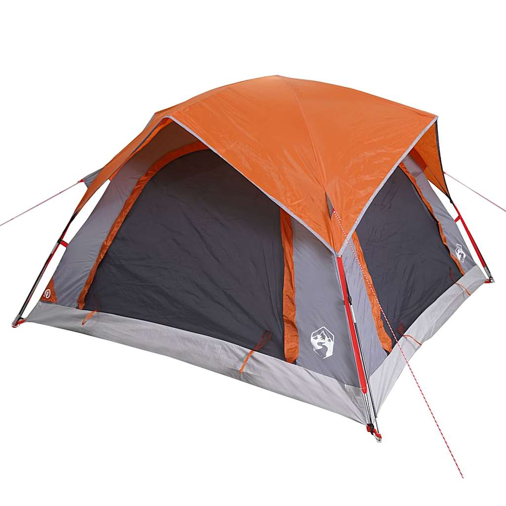 Detail van de vidaXL 4-persoons tent in grijs en oranje, zijaanzicht met open tentdoek.