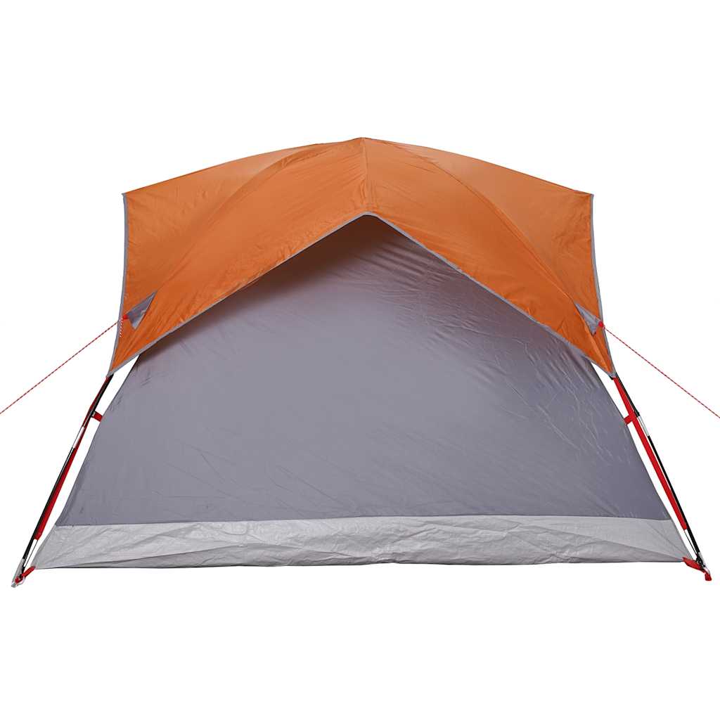 Detail van de grijs en oranje tent van vidaXL, met waterdichte bovenkant en zijaanzicht.
