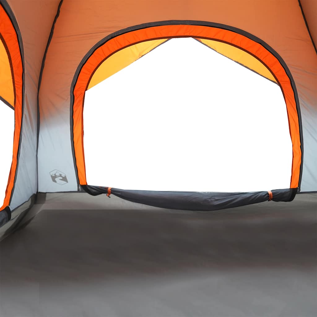 Detail van de grijs-oranje tent van vidaXL met open ingangen en waterdichte afwerking.