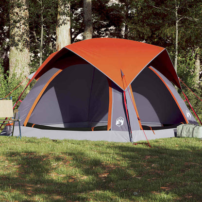 Grijze en oranje vidaXL tent voor vier personen, waterdicht en windbestendig, in een bosrijke omgeving.