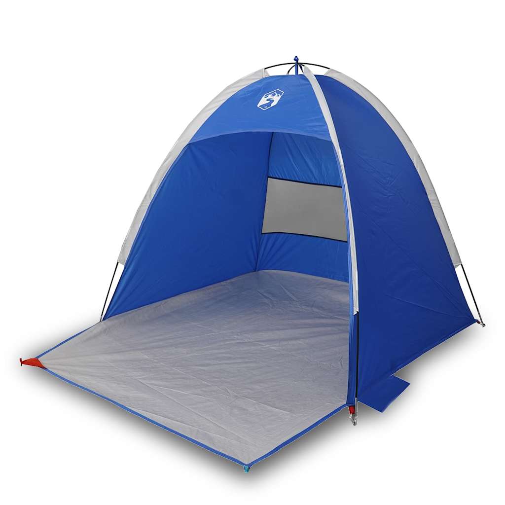 Detail van de azuurblauwe vidaXL strandtent met open ingang en vlakke bodem.