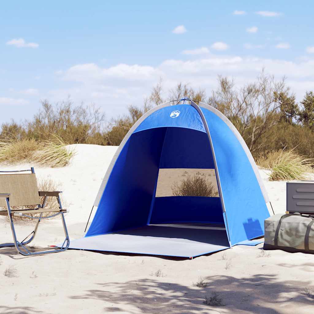 Zijaanzicht van de vidaXL strandtent in azuurblauw, met open ingang en zandondergrond.