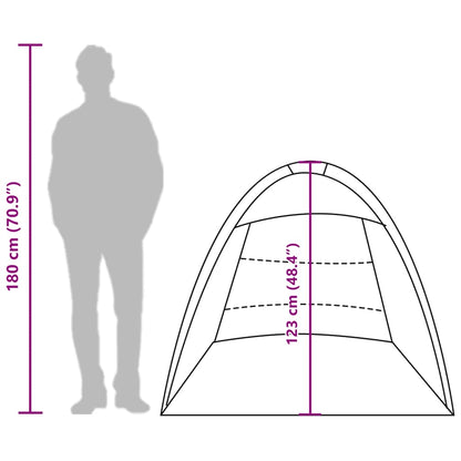 Zijaanzicht van de vidaXL strandtent met afmetingen en silhouet van een persoon.