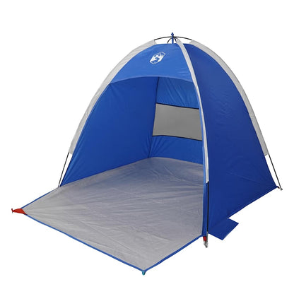 Zijaanzicht van de vidaXL 3-persoons waterdichte strandtent in azuurblauw, met open ingang.