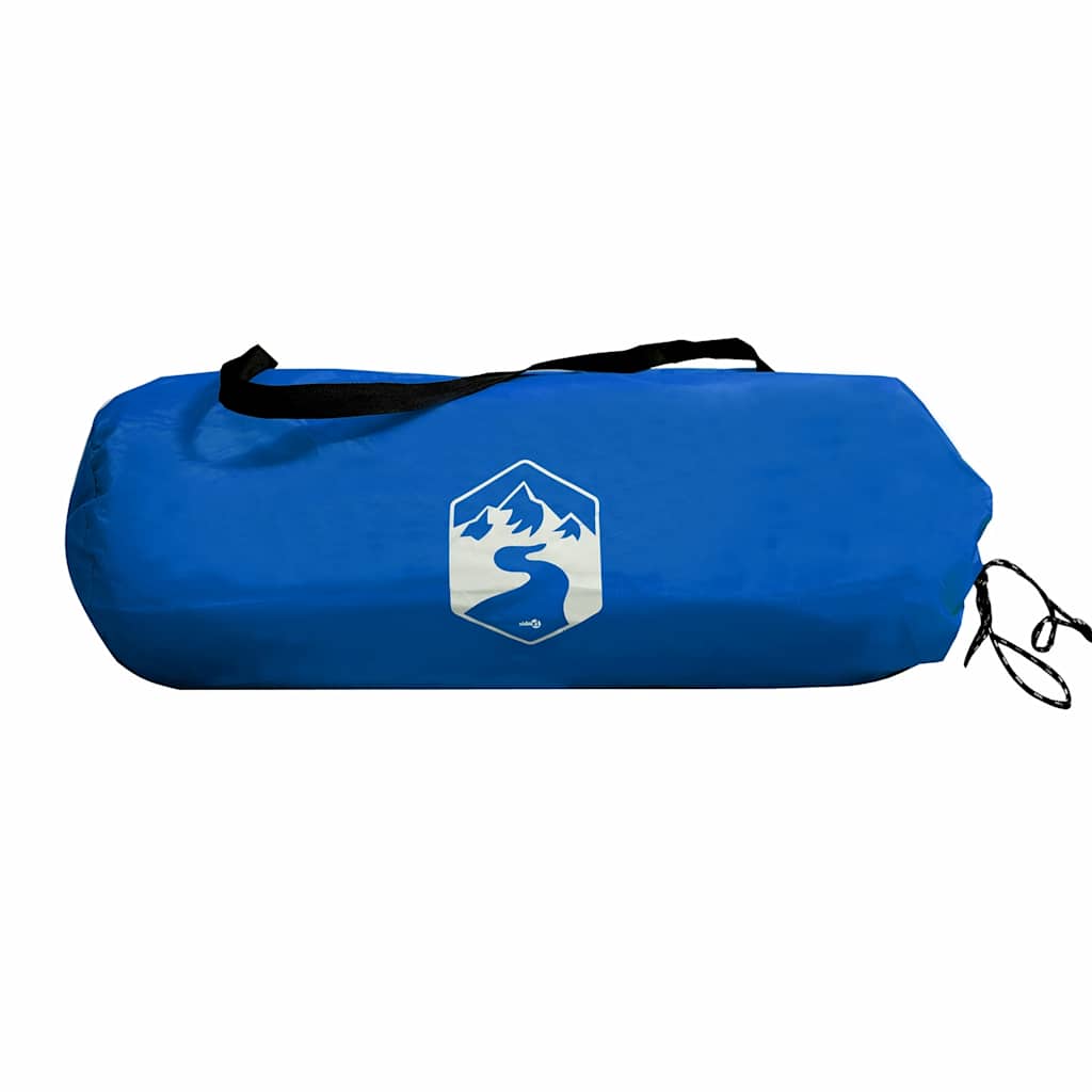 Azuurblauwe vidaXL strandtent opgerold in een handige draagtas met logo.