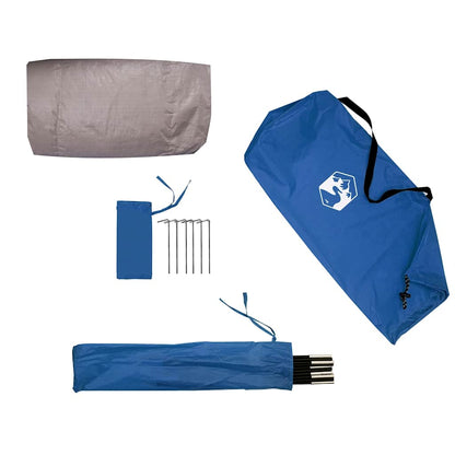 Detail van de azuurblauwe vidaXL strandtent met accessoires en opbergtas.