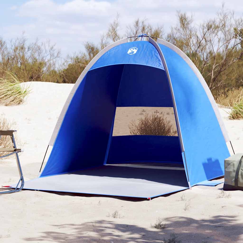 Azuurblauwe vidaXL strandtent voor drie personen, waterdicht en opzetbaar op het strand.