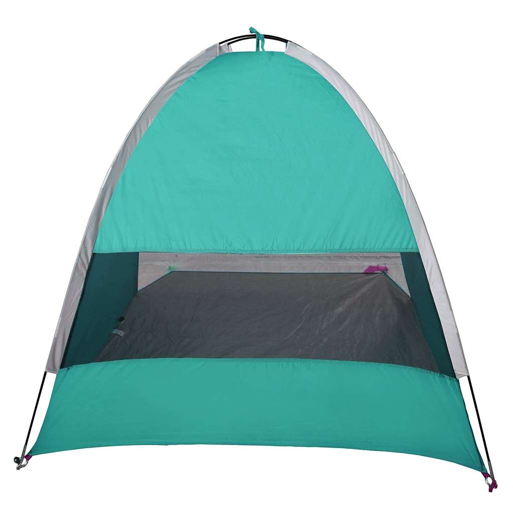 Detail van de zeegroene vidaXL strandtent met open zijpaneel en gaasventilatie.