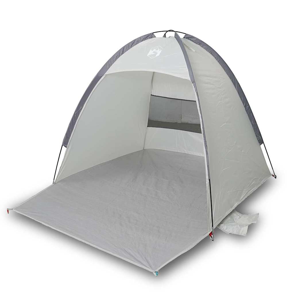 Detail van de vidaXL strandtent in grijs, met open ingang en waterdichte vloer.
