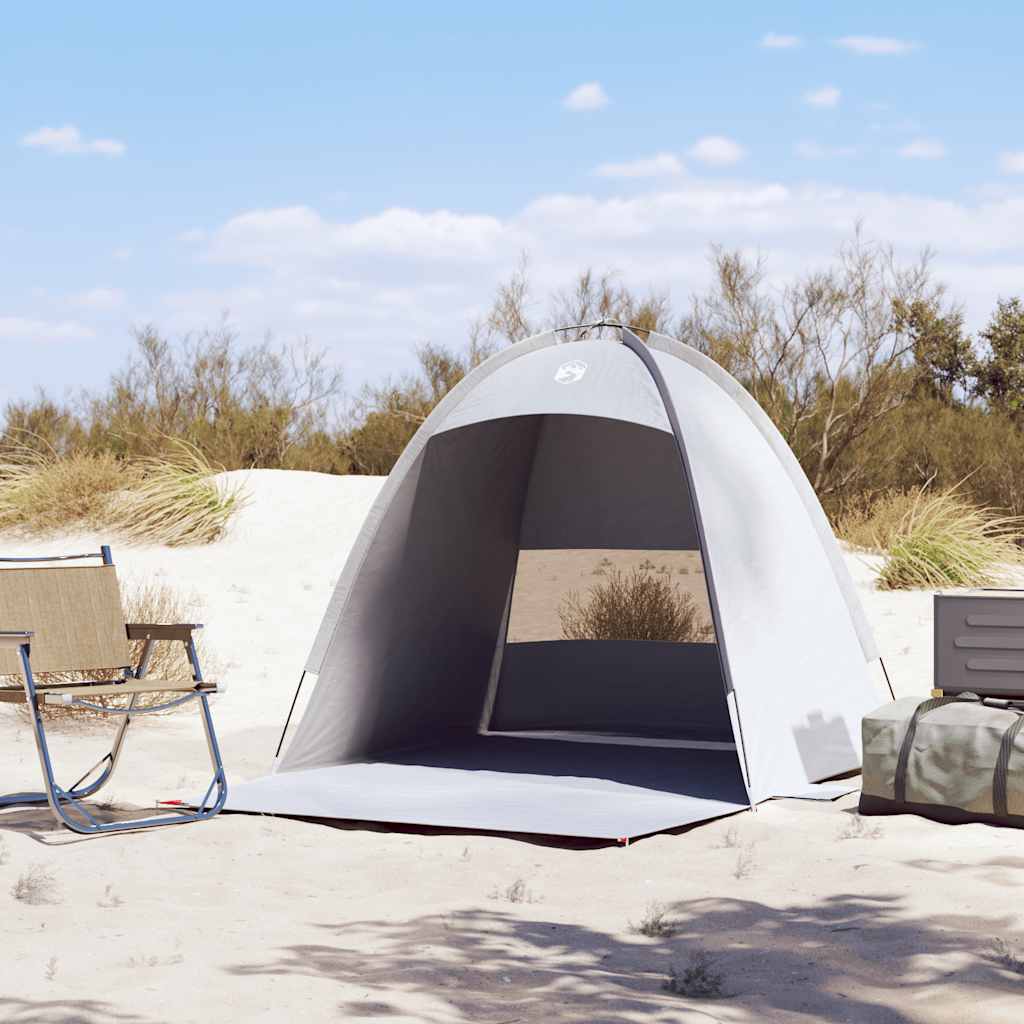 Zijaanzicht van de vidaXL 3-persoons waterdichte strandtent in grijs op het strand.