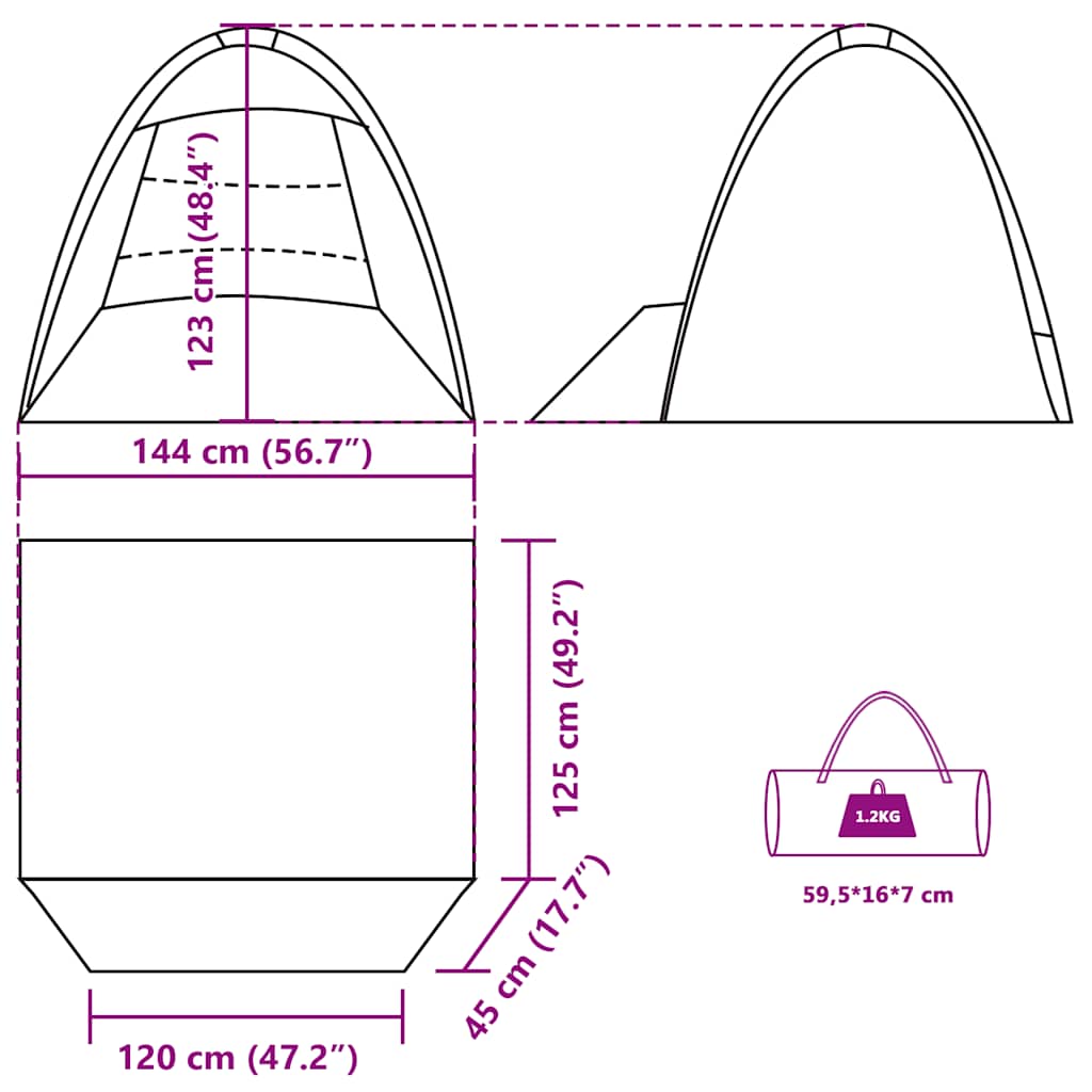 Detailtekening van de vidaXL 3-persoons strandtent met afmetingen en ontwerpkenmerken.