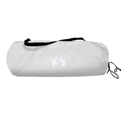 Grijze vidaXL strandtent, opgerold in een handige draagtas met zwart koord.