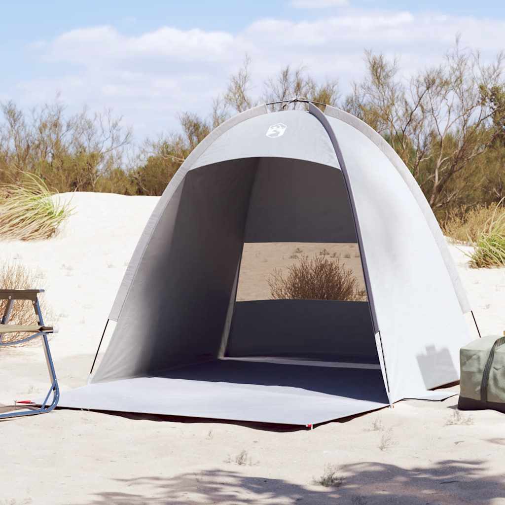 vidaXL 3-persoons waterdichte strandtent in grijs, opgesteld op het strand met een open ingang.
